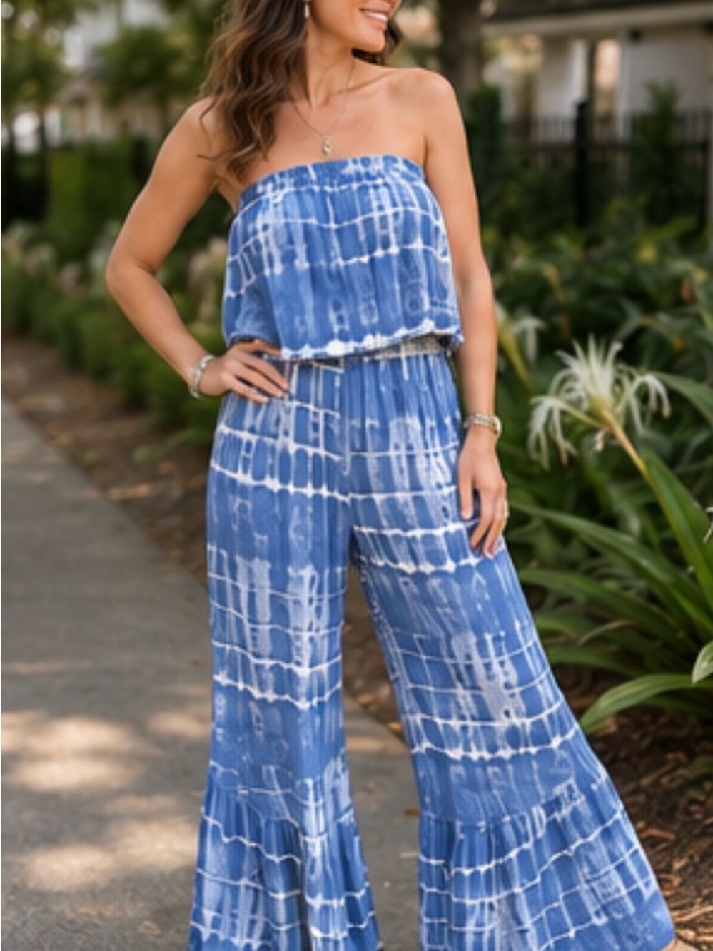 Japna Blue Tie-Dye Strapless Wide-Leg Jumpsuit